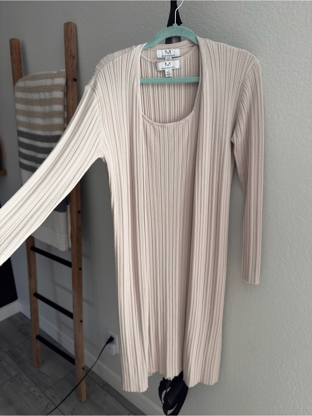 Magaschoni Ribbed Scoop Neck Long Sleeve Dress - Beige Cream
